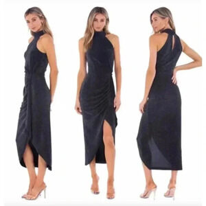 NEW Saylor Aida Halter Bodycon Dress Dark Blue Metallic Cocktail Wedding Stretc